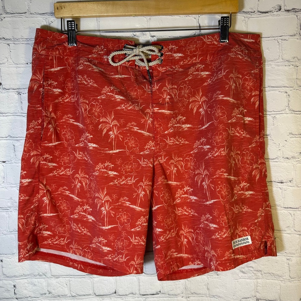 Fair Harbor Mens Red Tropical Palm Floral Board Shorts Swim Trunks‎ Size 36